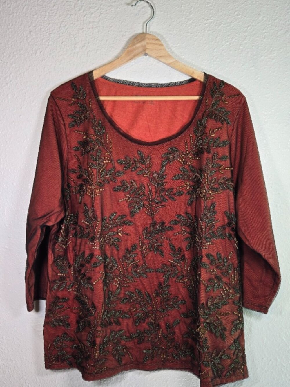Coldwater Creek Metallic Brocade and Beaded Overlay Shirt